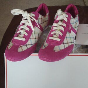 New In Box Coach Kinsley Sneakers 8.5 Women's Pink Suede & White Rainbow-Tartan